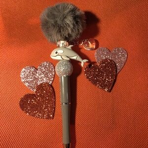 Gray Pom Pom Dolphin Pen with Dangling Heart Charm